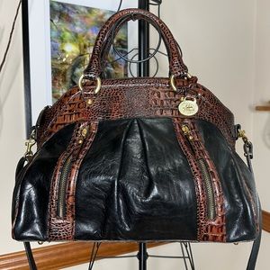 BRAHMIN Black And Croc Embossed Leather Large Satchel Bag With Crossbody Strap